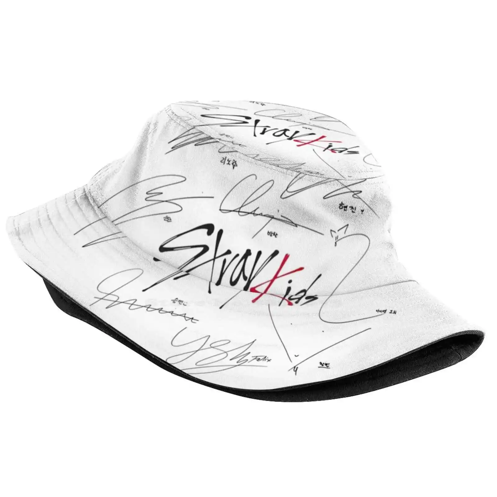 Stray Kids Ot8 - Logo With Signatures (White) Sun Cap Fisherman Hat Bucket Hats Kpop Logo Signed Signature Autograph Album