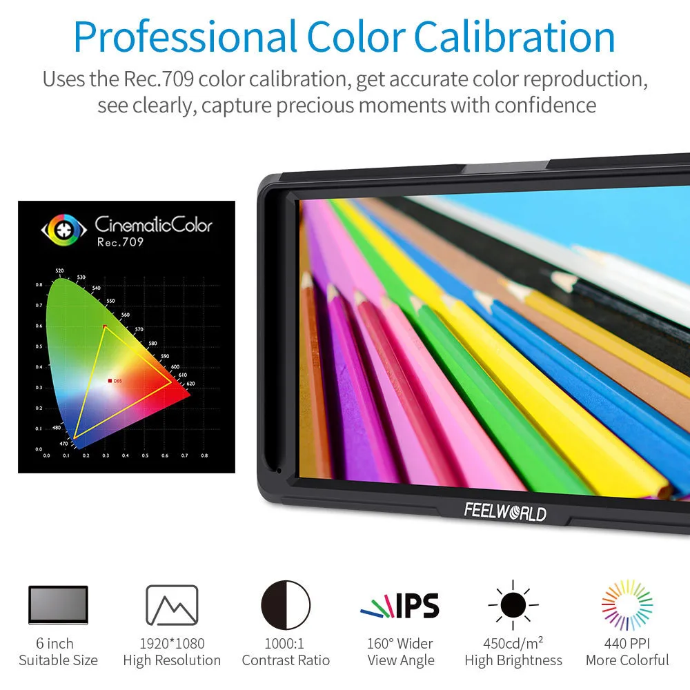 FEELWORLD F6 plus V2 Monitor de toque na câmera de 6 polegadas 4K HDR 3D LUT FHD 1920x1080 IPS Display Focus Assist para DSLR/Vídeo