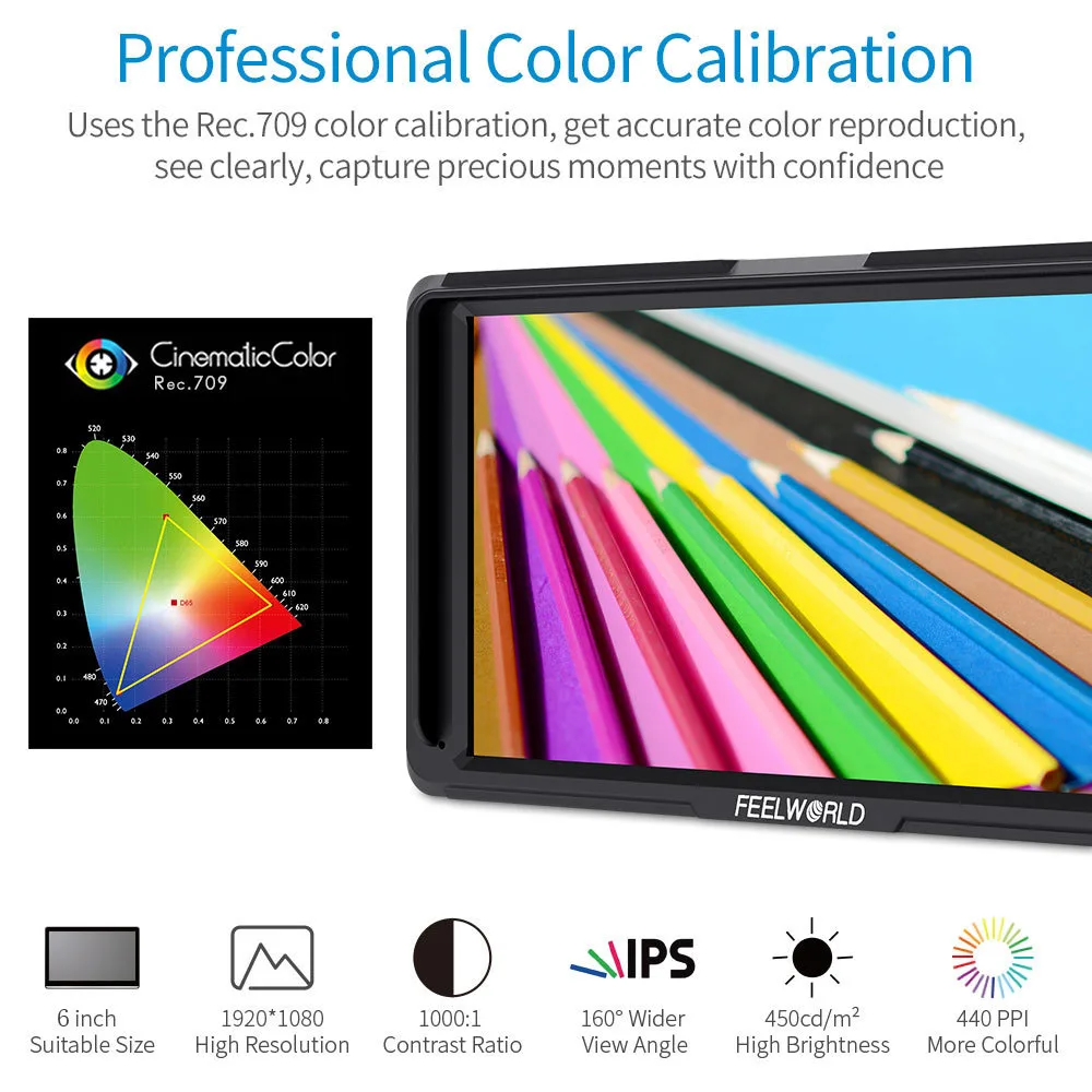 FEELWORLD F6 Plus V2 6' On-camera DSLR Field Monitor Touch Screen Monitor with HDR 3D Lut IPS FHD 1920x1080 Video Focus Assis