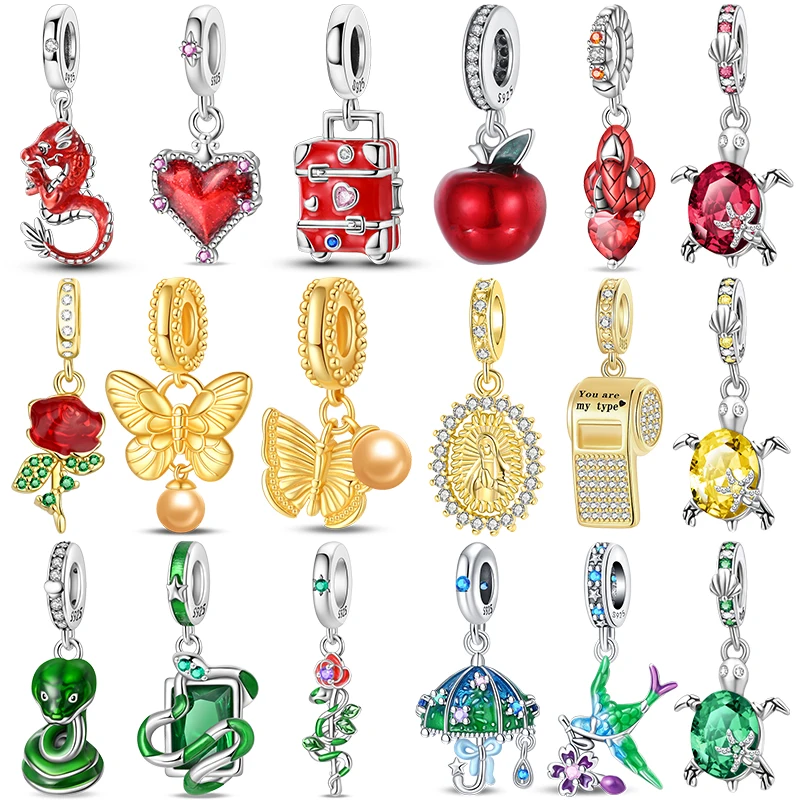 

925 Sterling Silver Red Green Snake Golden Whistle Charm Beads Fit 3mm Original Bracelet Necklace Women DIY Fine Jewelry Gift