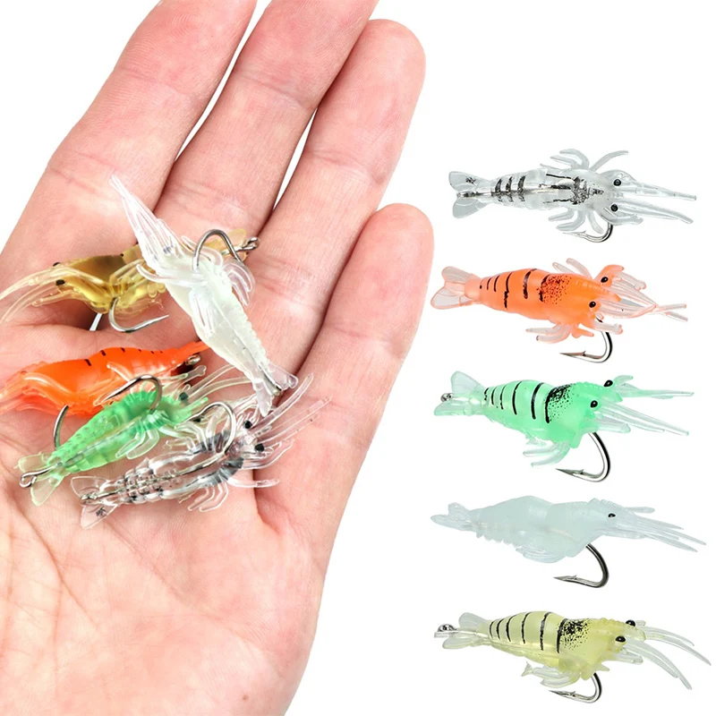 Package of 10 Soft Silicone Shrimp Lures with Hooks for Freshwater and Saltwater Fishing Featuring Rotating Tail Design