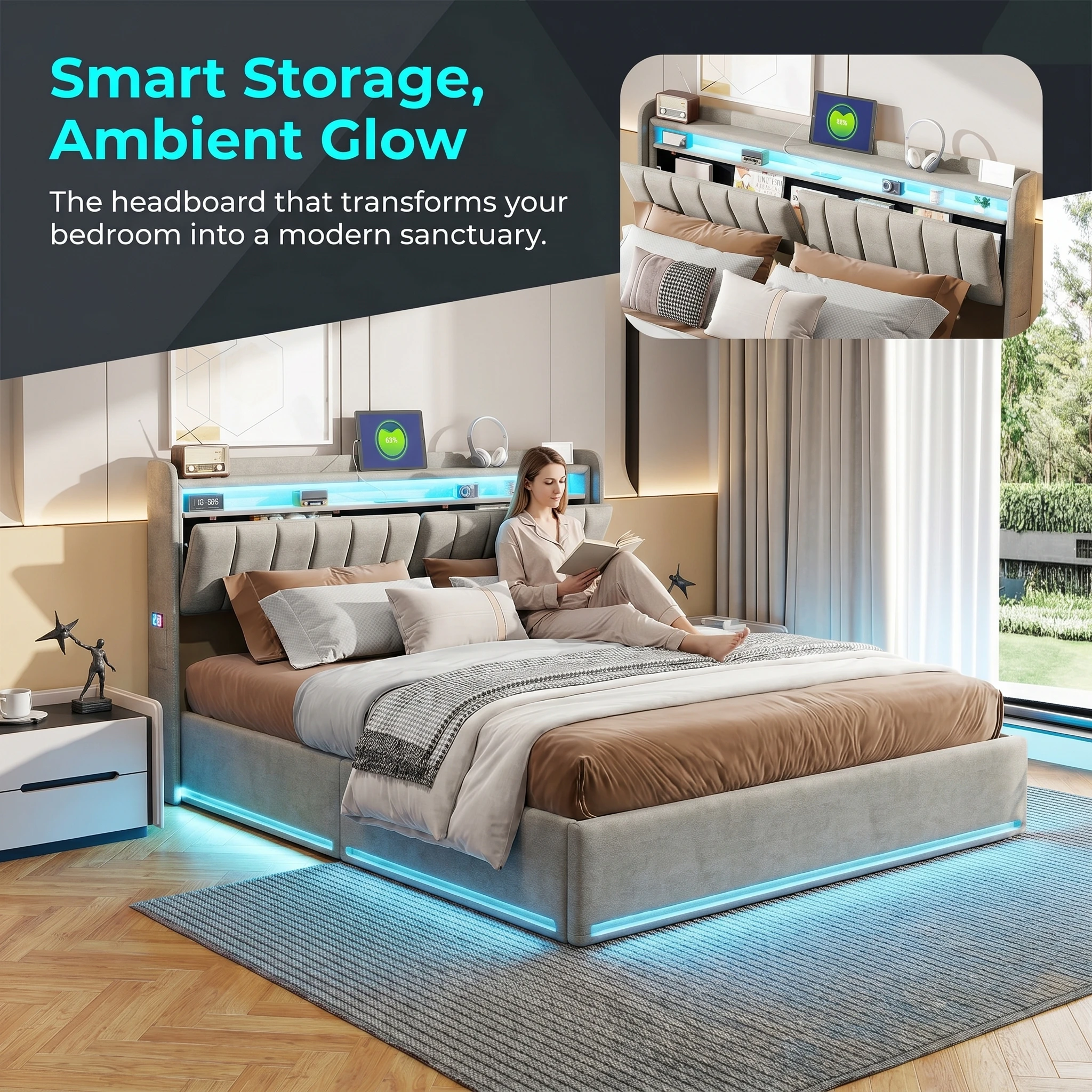 Anajqaqia Cadre de lit relevable hydraulique en velours gris 140x190 cm, lit rembourré avec rangement intégré dans la tête de lit, lumières LED RGB et station de charge USB-C, lit plateforme moderne pour chambre à coucher, matelas non inclus