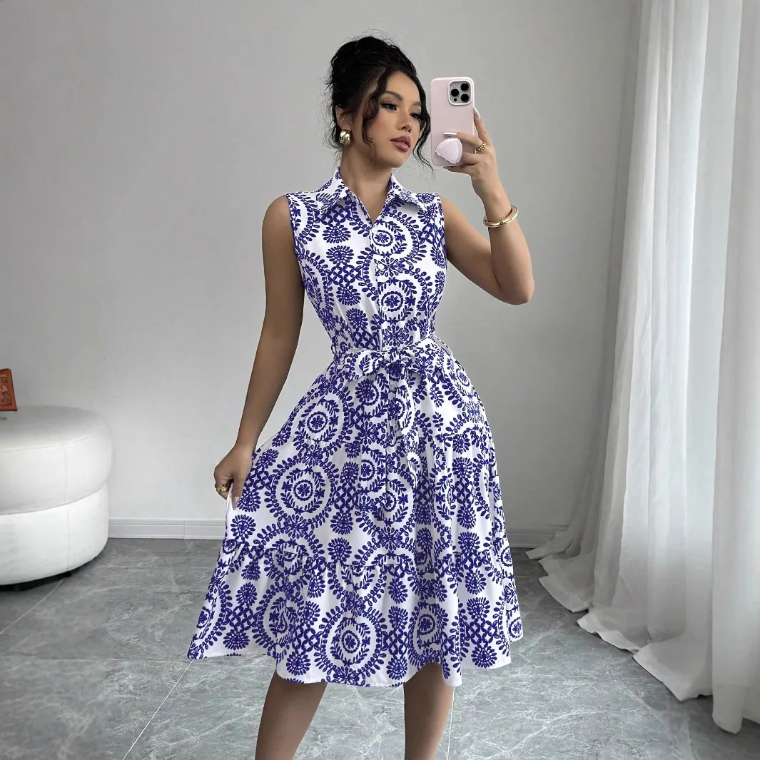 

Fashion Printed Waist-covered Off-shoulder Ruffle Sleeveless Dress Women Summer Strap Lapel Dress For Women 2025