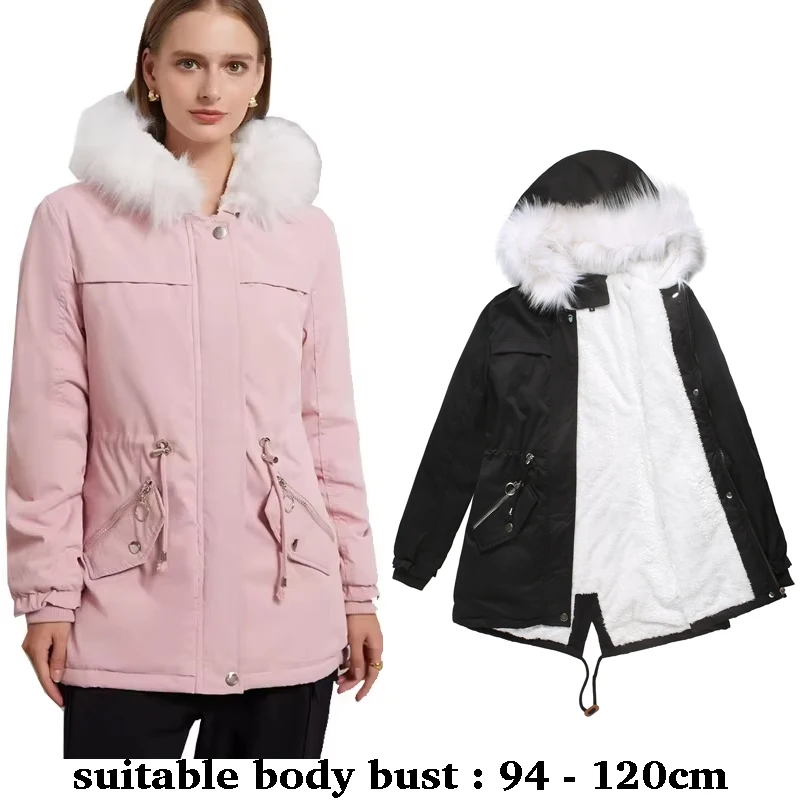 

High quality faux fur hooded trench coat for women big size plush lining new winter 2025 casual clothes - black pink green