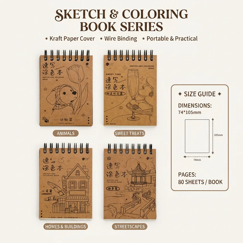 Kids Coloring Book Animal Sketch Spiral Notebook Cute Line Art Drawing Pad Kraft Paper Tracing Painting Notepad Educational