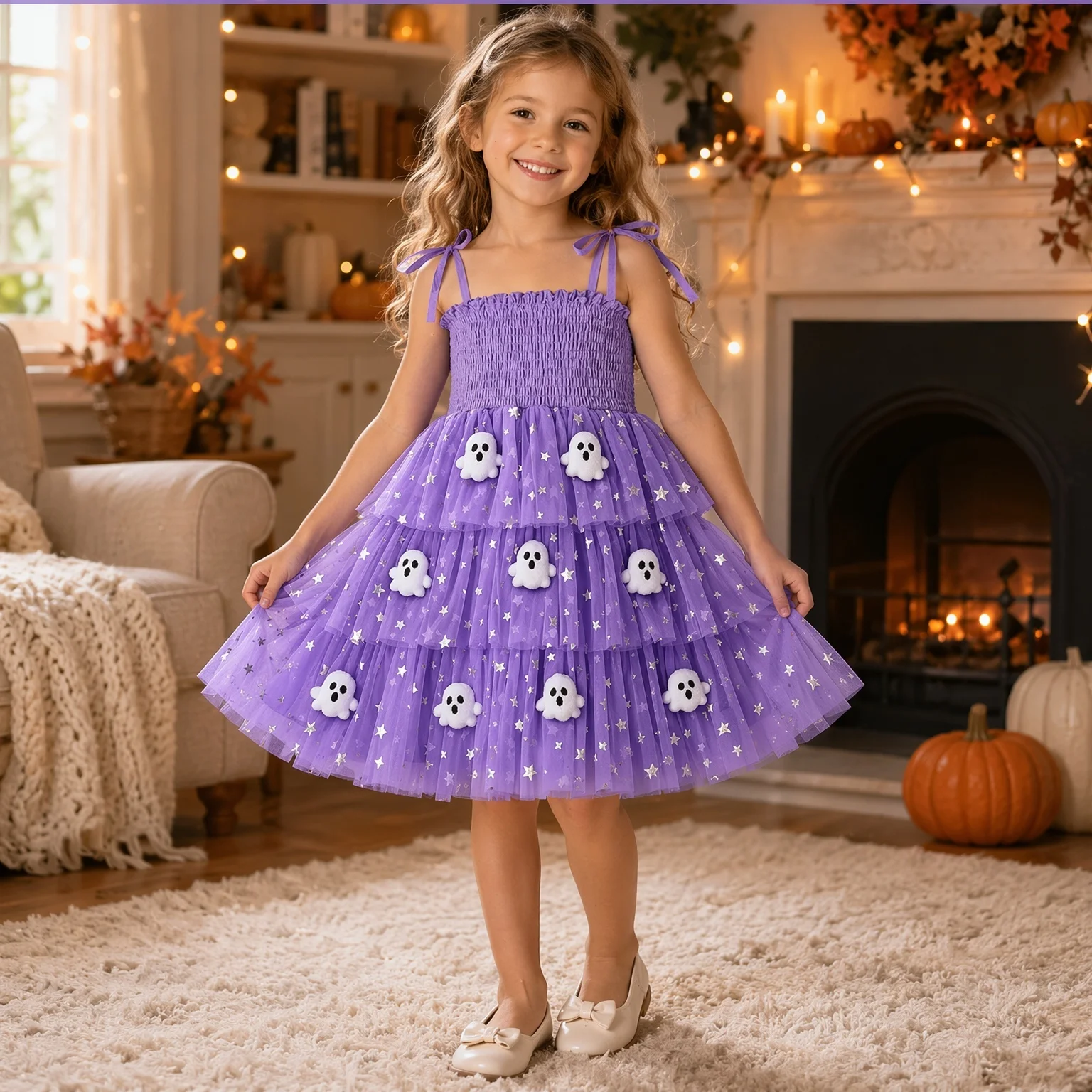 Halloween Girls Tiered Tulle Dress Ghost & Pumpkin Decor Strap Princess Cake Party Dress Festive Clothing for Girl