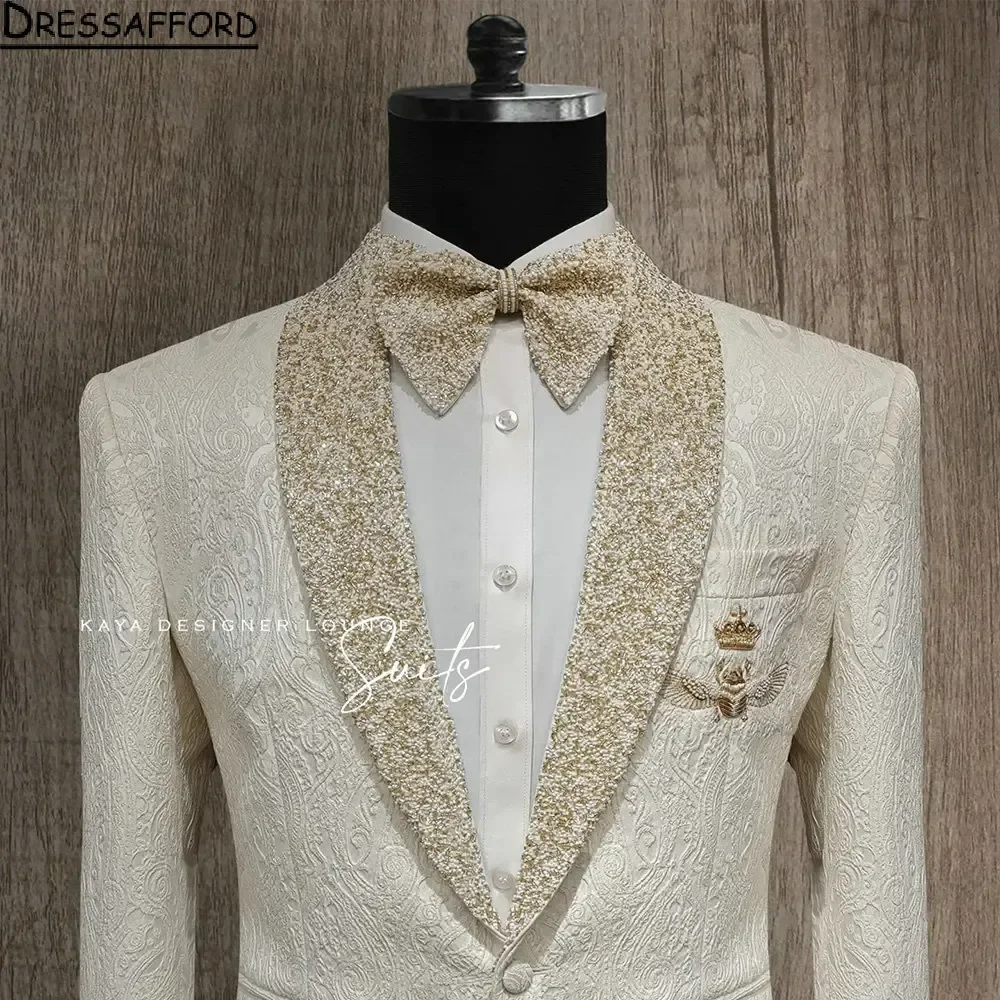 White Jacquard Weave Men Suits Groom Wedding Tuxedos 2 Pieces Sets Dinner Prom Blazers Terno Masculino Completo