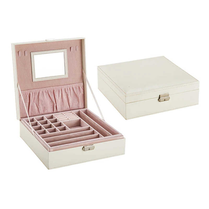 Leather Square Jewelry Box With Mirror Jewelry Cases Storage Box