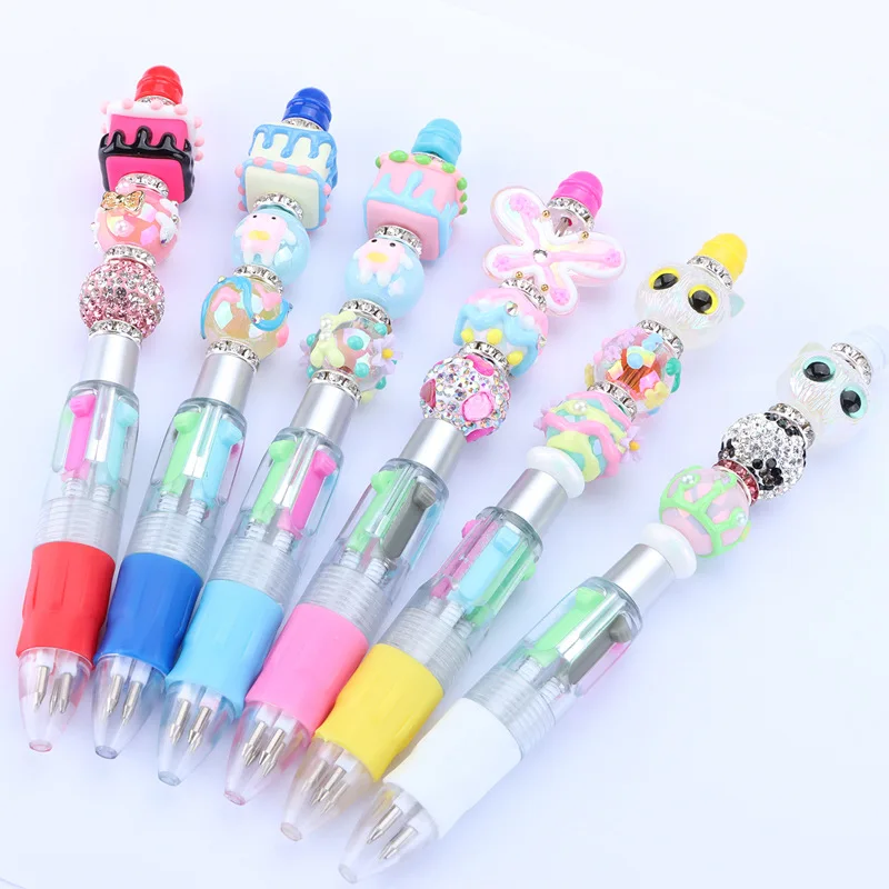 50pcs DIY Four-Color Beaded Ballpoint Pen Cute Beadable Pens Cartoon 4 Color Retractable Rollerball Pen Student School Gift