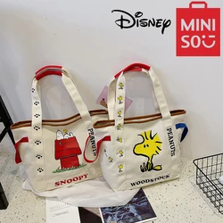 MINISO Disney Cartoon Snoopy Large Capacity Canvas Bag Student Handbag Shoulder Bag Cute Print Tote Bag