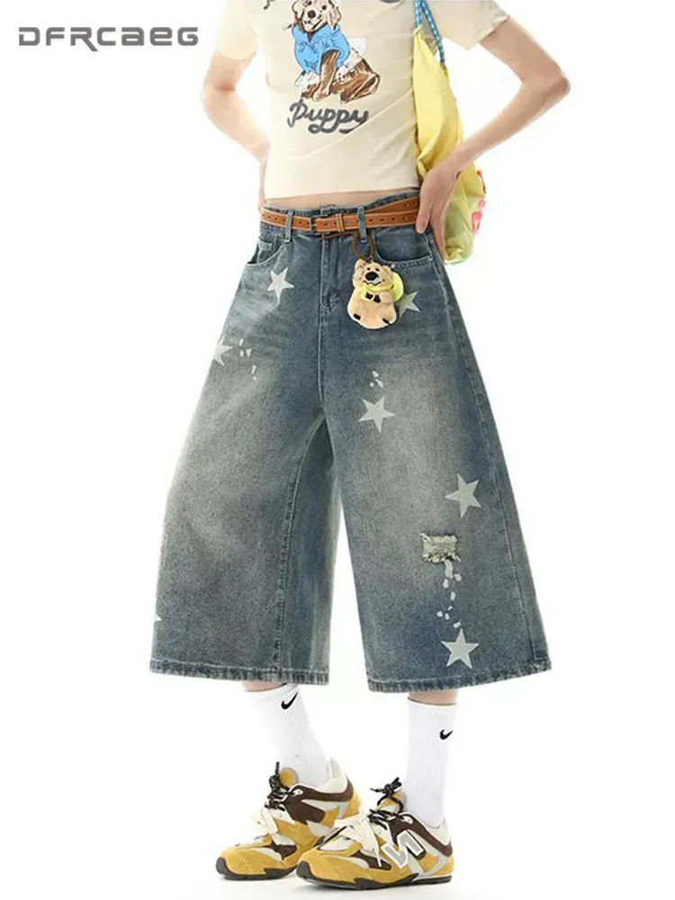Ripped Women's Cartoon Star Print Denim Capri Pants With Hole Summer High Waist Straight Wide Leg Loose Cropped Jeans