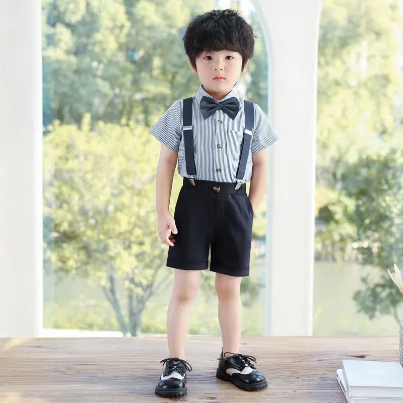 Toddler Boy Suspenders Long Shorts Shirt Bow Tie Clothes Children's Striped Suit Set Teens Kids Wedding Birthday Party Costume