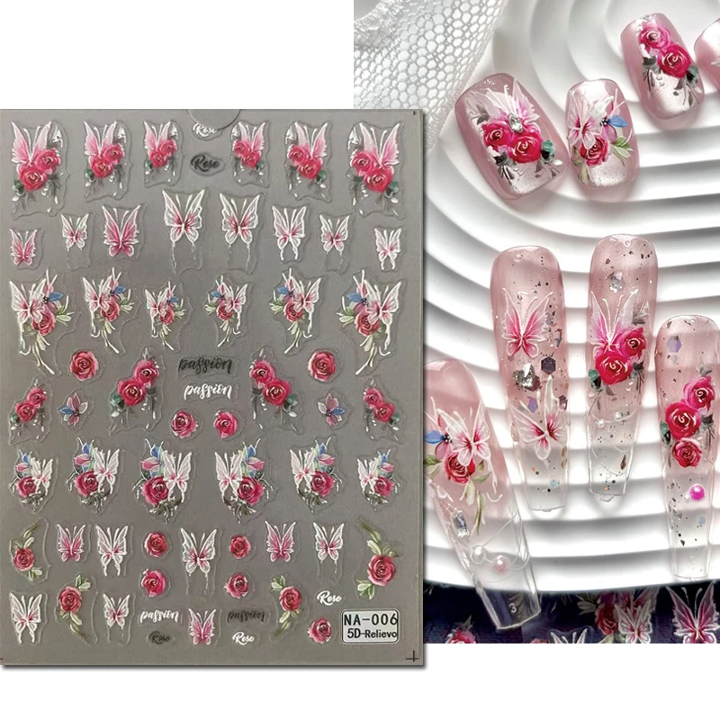 

5d Embossed Blossom Red Roses Flowers White Butterflys Nail Art Decals Stickers For Nails Art Manicures Tips Decorations