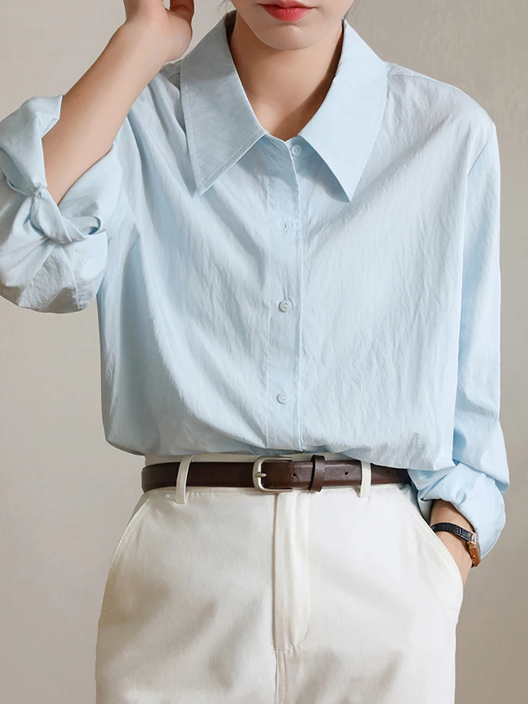 Elegant Office Ladies Light Blue Shirts Women Korean Fashion Long Sleeve Commuter Loose Casual Single-Breasted Button Top Blouse