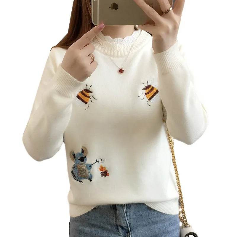 Korean Embroidery Little Bee Loose Warm Knitwear Jumpers Ladies Fashion New 2024Autumn Women Sweater Pullover Winter Tops