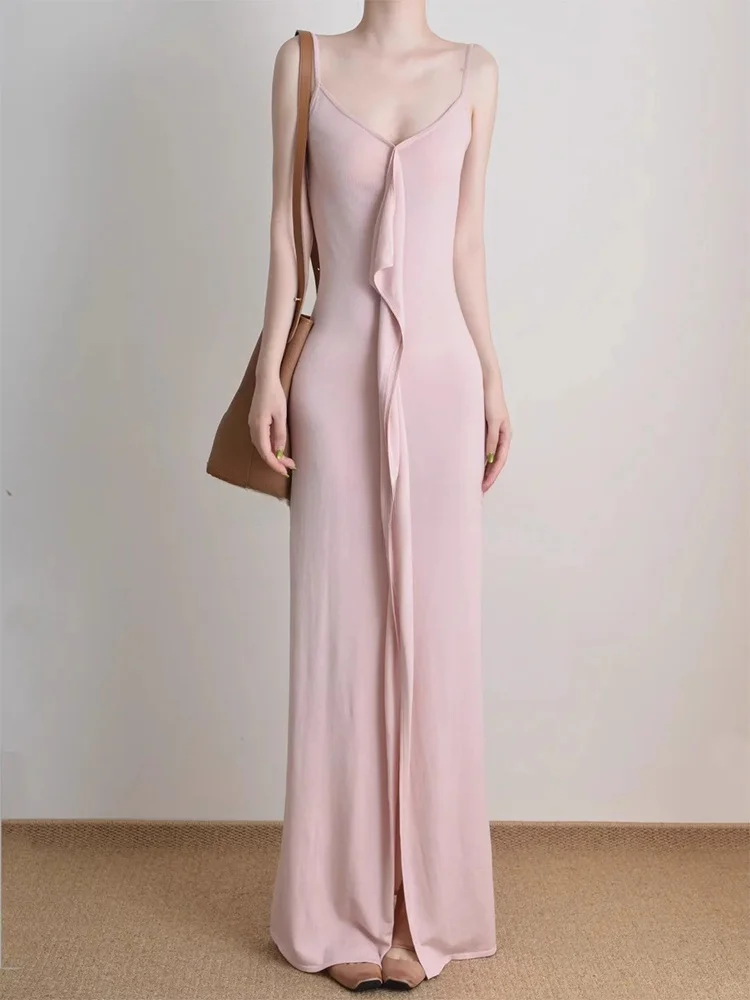 

ROUJE KEFSS Knitted Slimming Long Dress Summer Casual High Waist V-Neck Sleeveless A-Line Gown Design Sensation Women's Dress