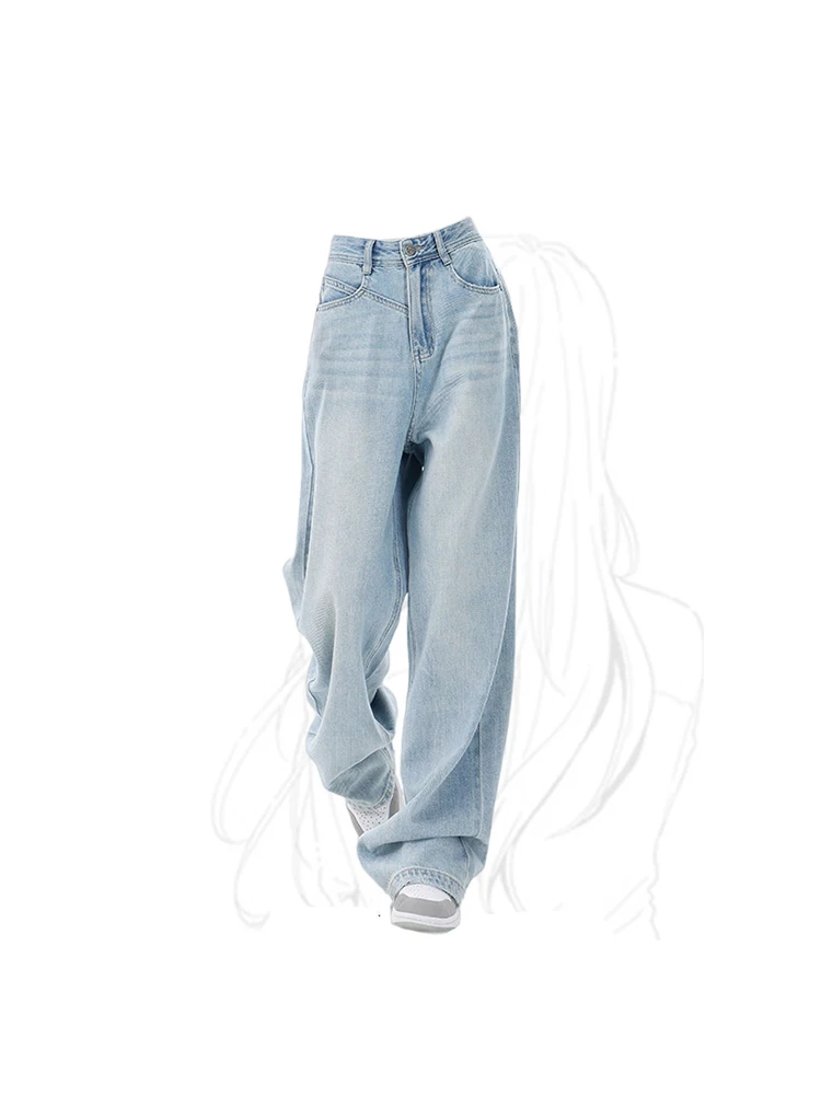 Imagem -03 - Calça Jeans Feminina Azul Clara e Larga de Cintura Alta Calça Jeans Coreana Calça de Cowboy de Perna Larga Streetwear Vintage Harajuku Reto Anos 90 Y2k