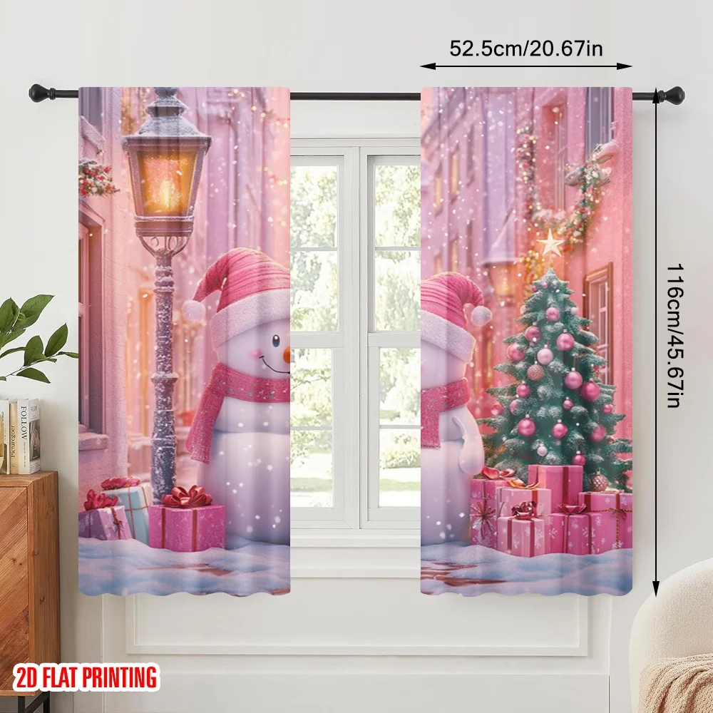 2pcs,2D plane printing Curtains Digital Printed Cute Snowmen Christmas Tree Gifts (2) Polyester Fabric (without rod) Festive for