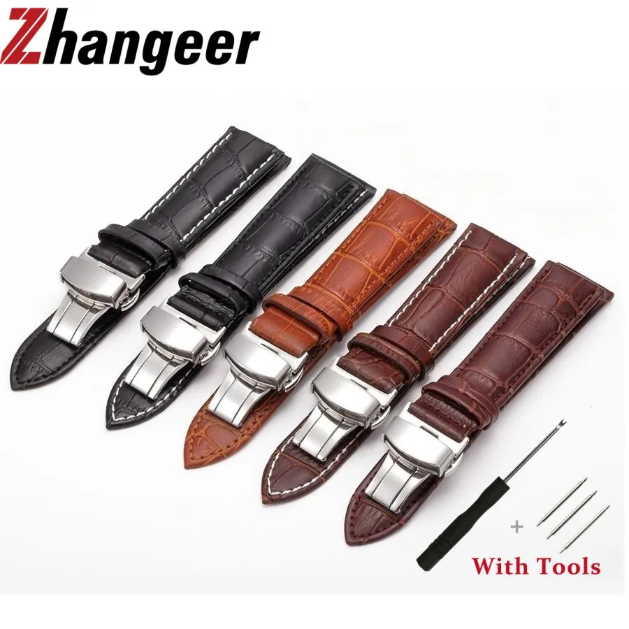 12 14 16 18 19 20 21 22 24mm Genuine Leather Watchband With Butterfly Buckle Bands Bamboo Slub Grain Cowhide Strap With Tool