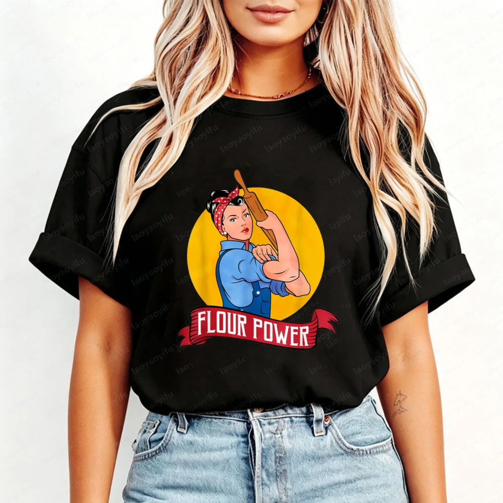 Funny Baking Gift T-Shirt Flour Power Retro Baker Woman Rolling Pin Graphic T shirts Fashion Cooking Hobby Casual Daily Tops