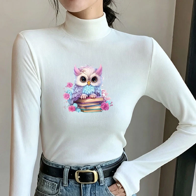 Winter Women's Thermal Brushed Fleece Half Mock Neck Long Sleeve T Shirt Owl on Books Roses Graphic Warm Tee