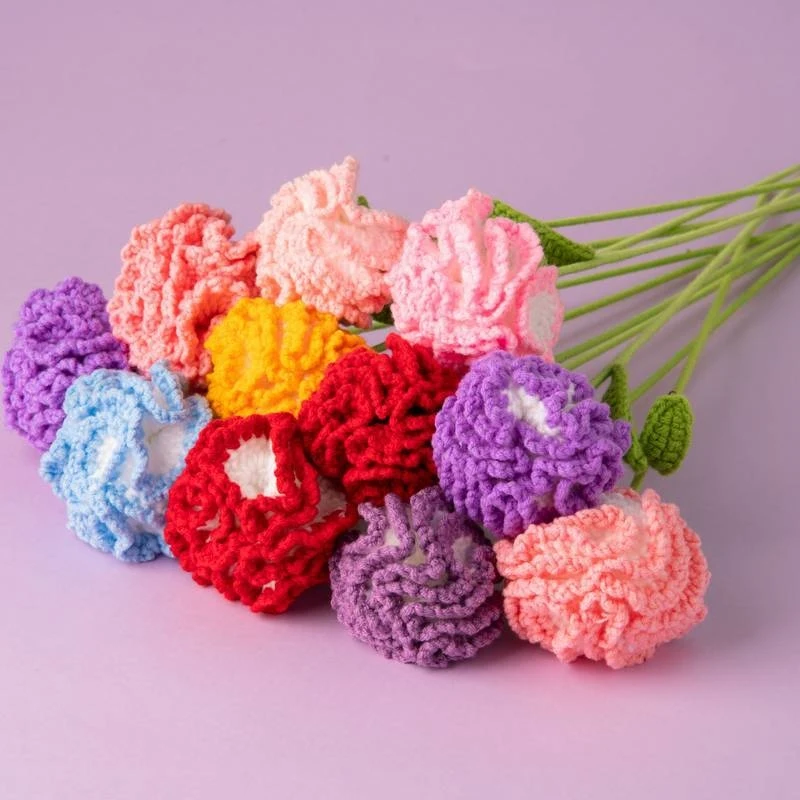 

Handmade Crochet Carnation Flower Bouquet, Knitted Artificial Yarn Flowers, Forever Floral Home Decor for Mother's Day Birthday