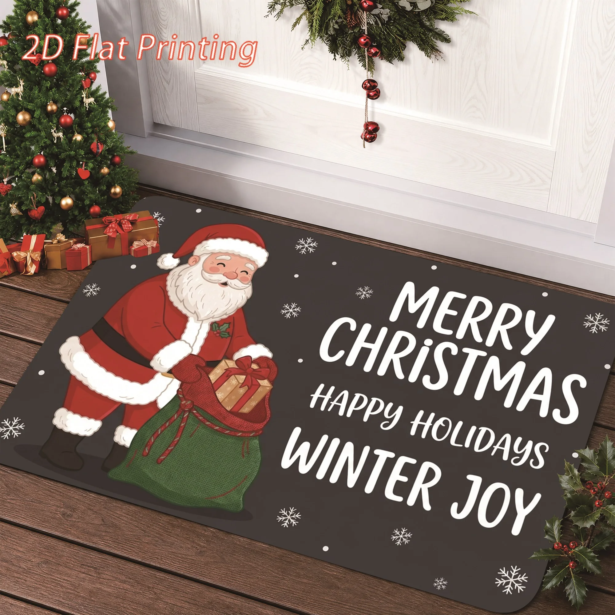 Santa Claus Merry Christmas Red Door Mat Gold Script Text Poinsettia Holly Berry Print Non Slip Washable Rug