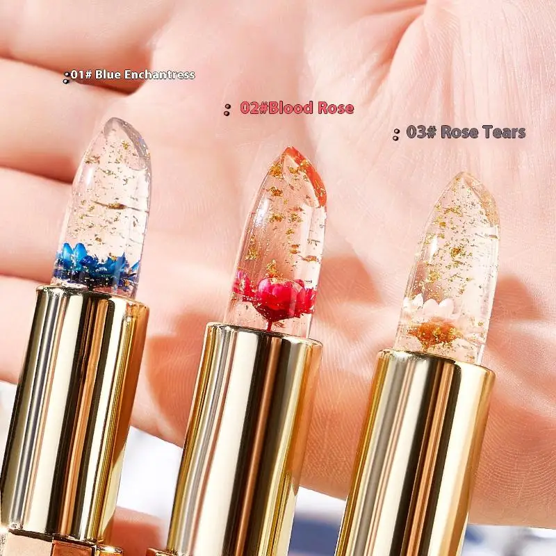 Ccatm batom transparente com flor de gelatina, hidratante, à prova d'água, mudança de cor, bálsamo labial de longa duração, maquiagem de flores, brilho labial