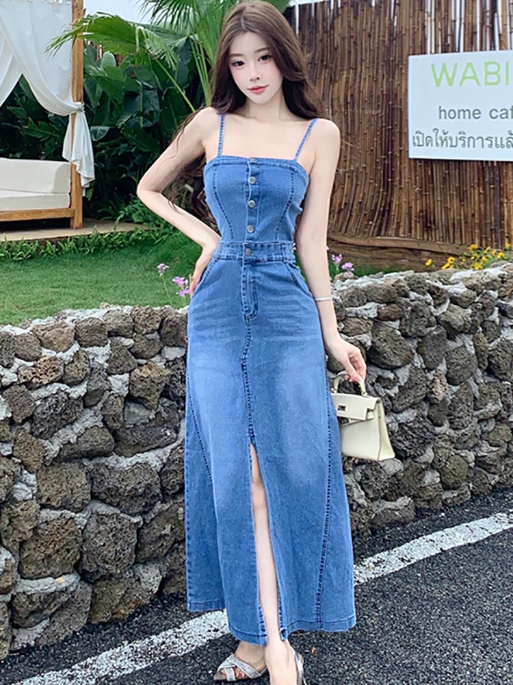 

Summer Blue Denim Chic Sling Sexy Slit Long Dress Women Elegant Bodycon Casaul Dress 2025 Korean Fashion Party Dress and Events