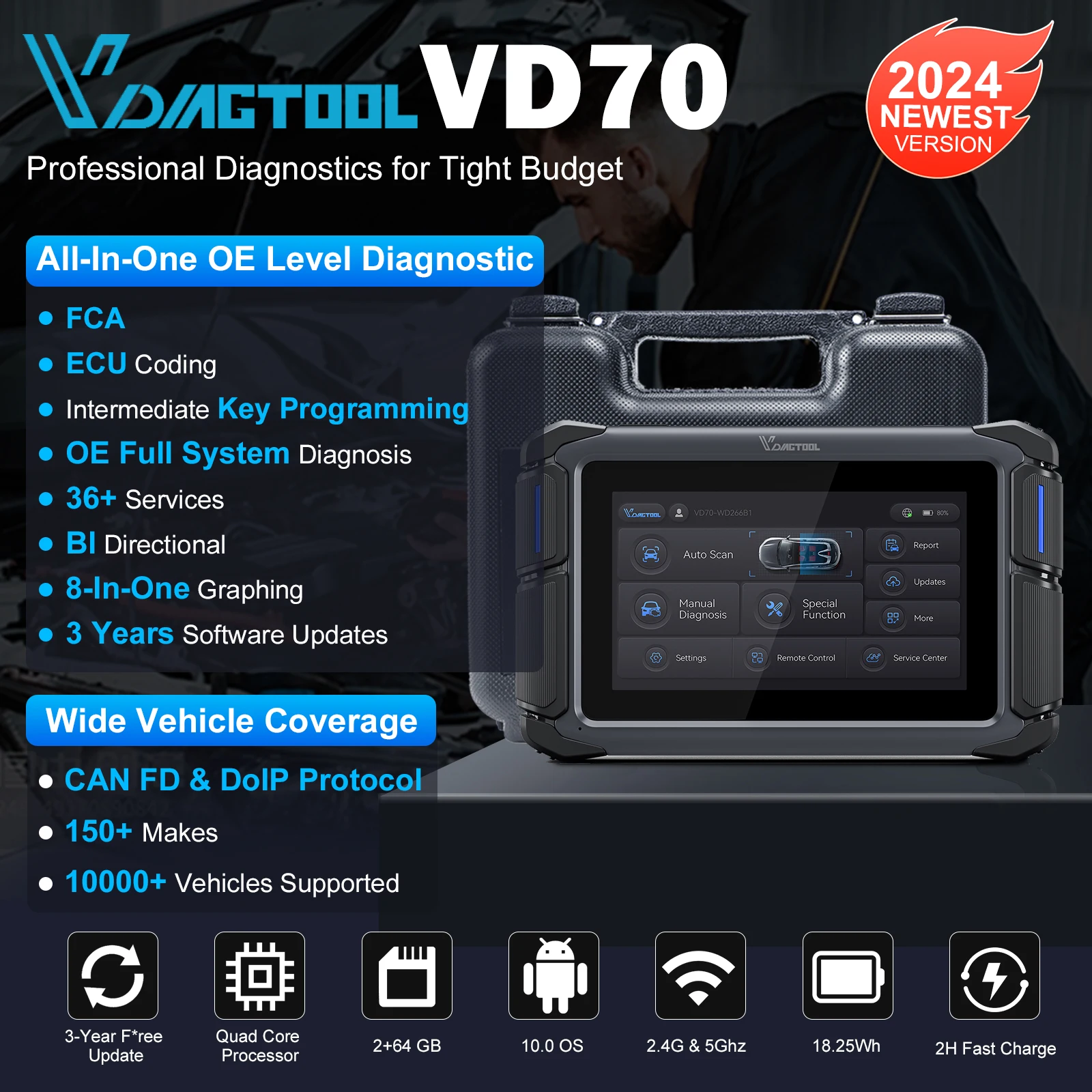 VDIAGTOOL VD70 All Systems Car Diagnostic Tools Key Programmer Automotive Bidirectional Scanner ECU Coding CANFD DOIP 36+ Reset