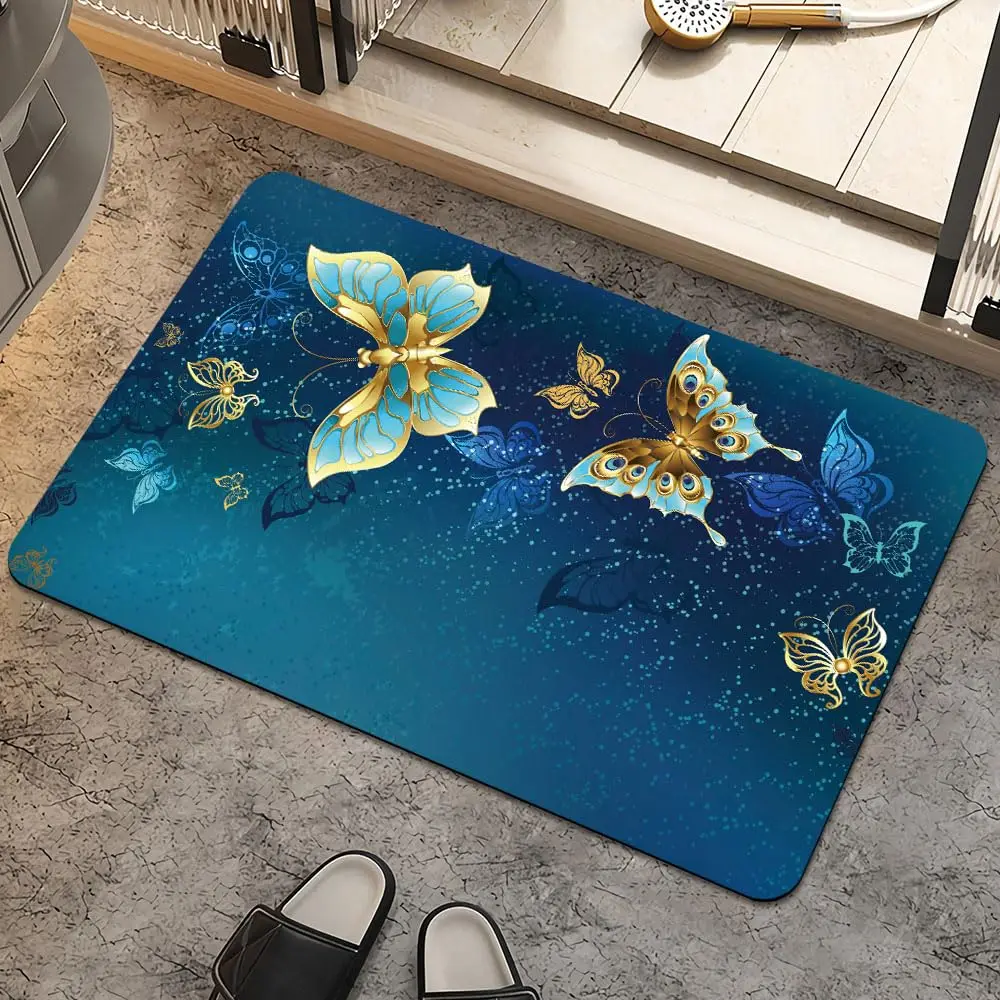 Bathroom Bath Mat Non-Slip Luxury Blue Butterfly Entrance Door Rug Super Absorbent Shower Floor Carpet Kitchen Mat