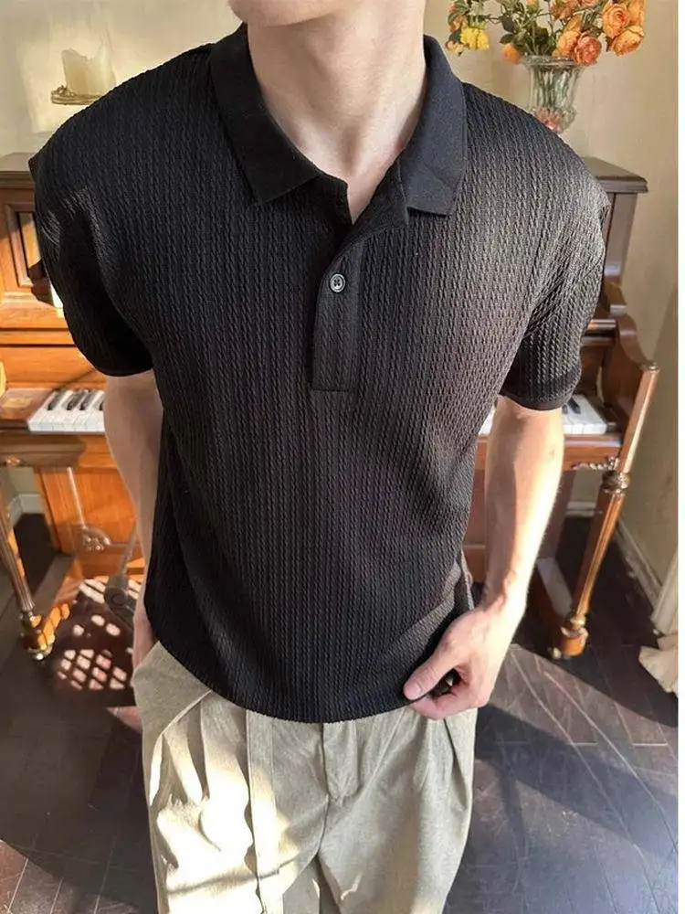 Men's Short Sleeve  Shirt CleanFit Commute Henry Collar Vertical Relief T-Shirt Casual Shoulder Youth Summer Fashion