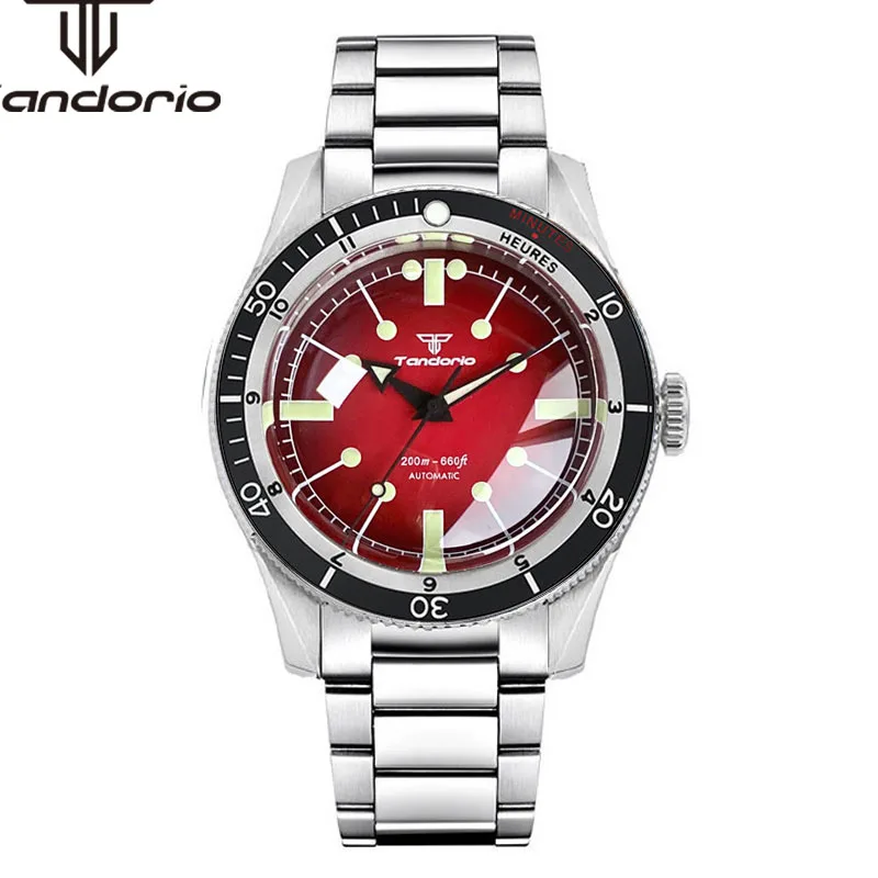Tandorio Mechanical Steel 40mm Diver Men Automatic Watch Domed Sapphire Crystal Luminous 20BAR Wristwatch 120 Clicks NH35 PT5000
