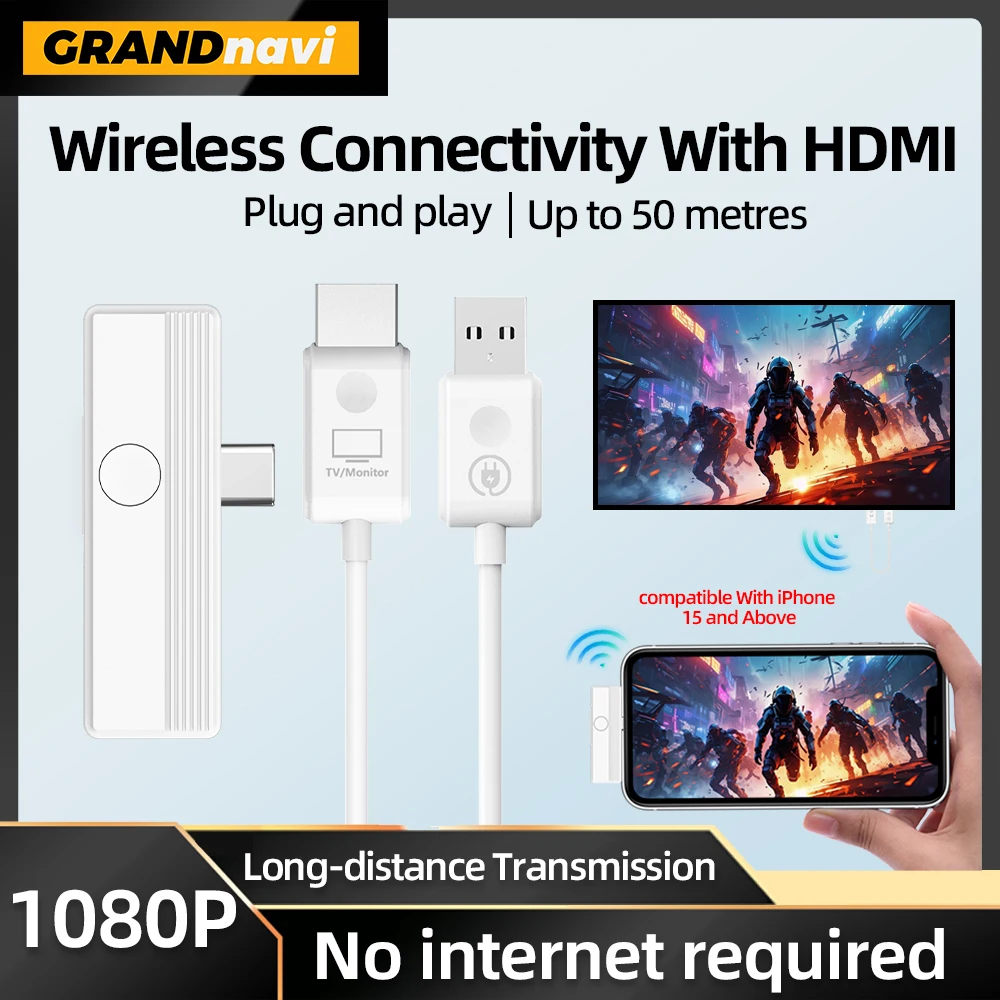 Grandnavi Wireless Type C To HDMI Transmitter Receiver Wireless Extender Kit 50M Audio Transmit for TV Camera Projector iPhone