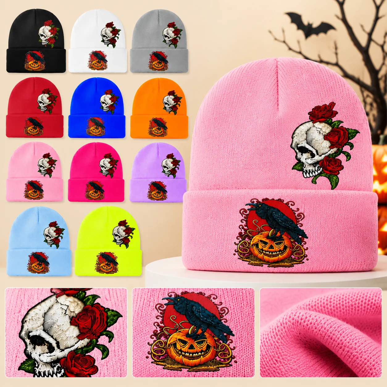1PC Gothic Skull & Rose Black Beanie with Raven and Jack-O’-Lantern Print, Unisex Cuffed Knit Hat for Halloween and Streetwea
