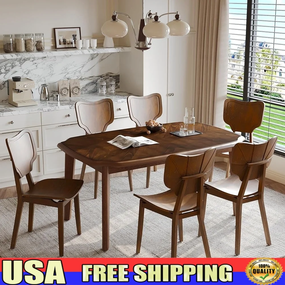 

7 Piece Dining Table Set Solid Wood Kitchen Table 6 Comfortable Chairs Vintage Design Durable Dining Room Furniture