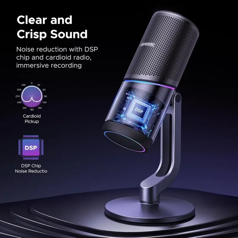Brand for UGREEN Microphone for PC USB Mic with RGB Lights Mute Button 24bit/96kHz Cardioid Polar Pattern Volume Control