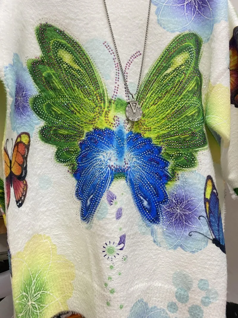 Herbst Und Winter Neue Nerz Lange ärmeln Rundhals Kawaii Strickwaren frauen Lose Schmetterling Diamant Bohrer Gedruckt Gestrickte Pullover