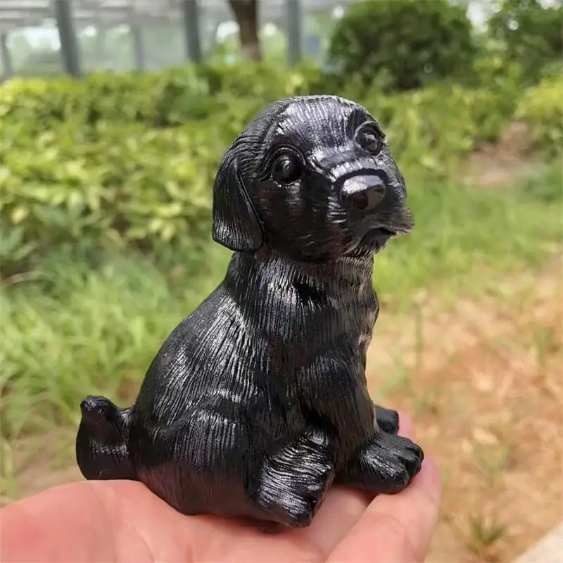 Natural Black Obsidian Golden Retriever Carving Animal Crafts Healing Crystal Stone Feng Shui Home Decoration Gift