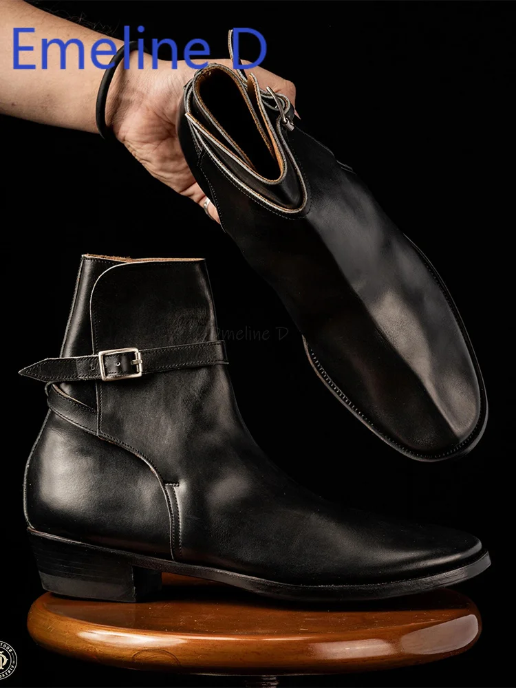 Black Belt Buckle Motorcycle Boots Fashionable Simple Versatile Retro Chelsea Boots Pointed Leather Splicing Trendy Short Boots