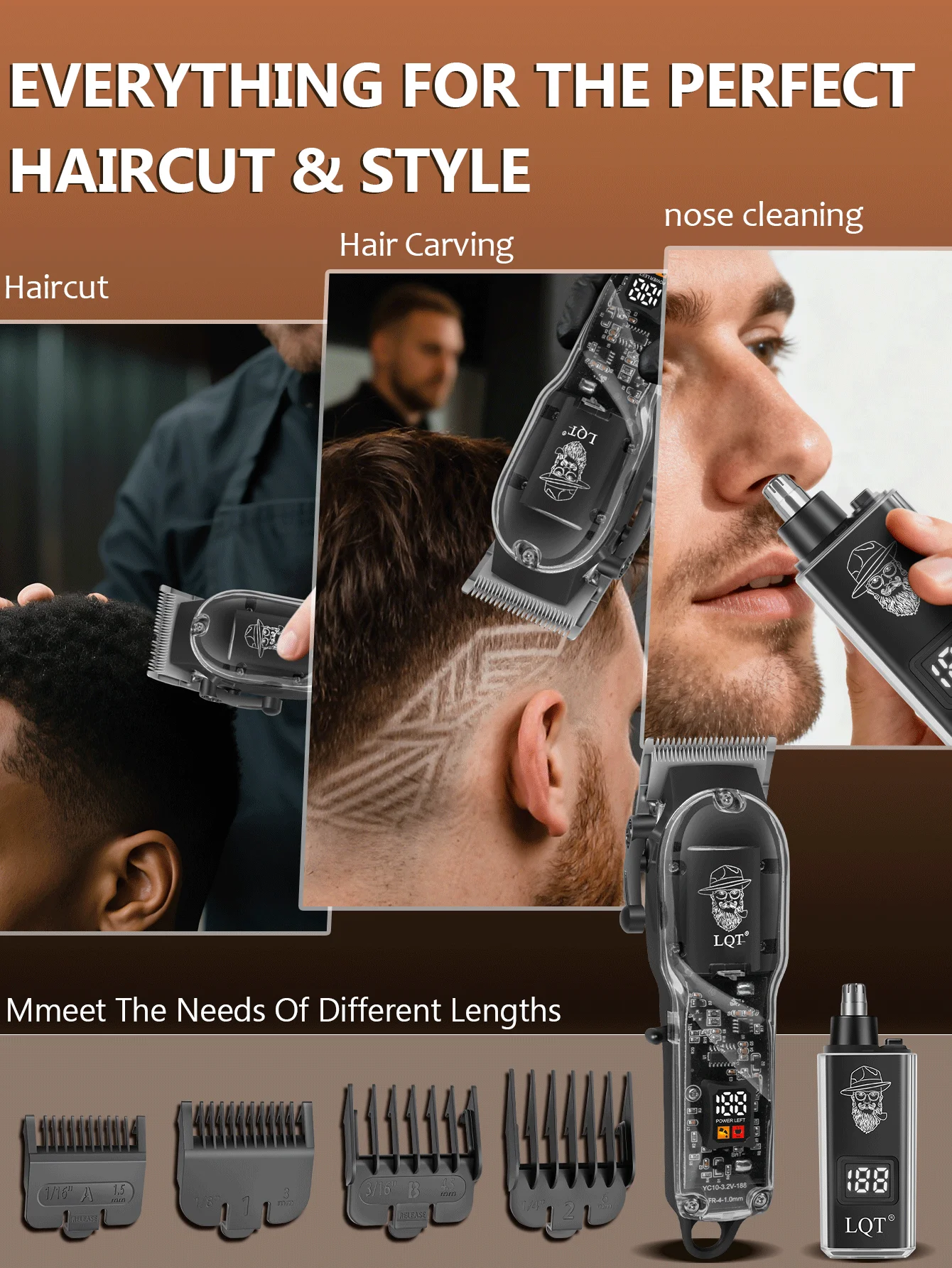 LQT Electric Hair Trimmer LCD Display Rechargeable Barber Trimmer Professional Hair Cutting Machine with Full Barber Accessories