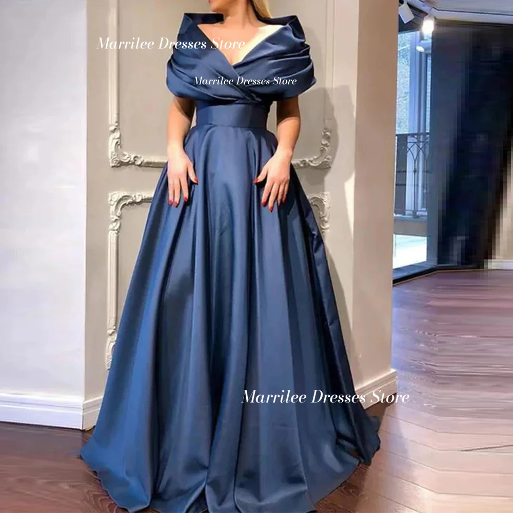 Marrilee Elegant Dark Blue Stain Off The Shoulder A-Line V-Neck Evening Dresses Simple Floor Length Prom Gowns Formal Occasions