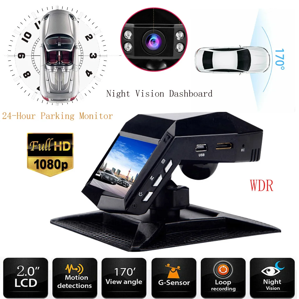 Dashboard 2inch HD 1080P Car Dash Cam IR Night View Camera 170°G-Sensor DVR Driving Recording Car Detector