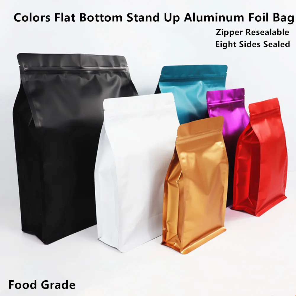 Flat Bottom Stand Colors Food Packing Bag 50pcs Colorful Standing Up Aluminum Foil Zip Lock Bags Matt Finish Food Pack Pouches