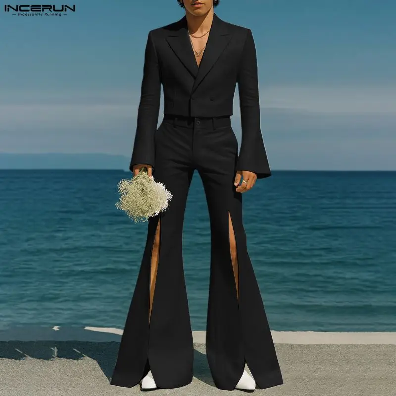 

INCERUN Мужские комплекты Однотонный укороченный пиджак с длинными рукавами и брюки-клеш Комплекты из двух предметов Уличная одежда Модные повседневные мужские костюмы