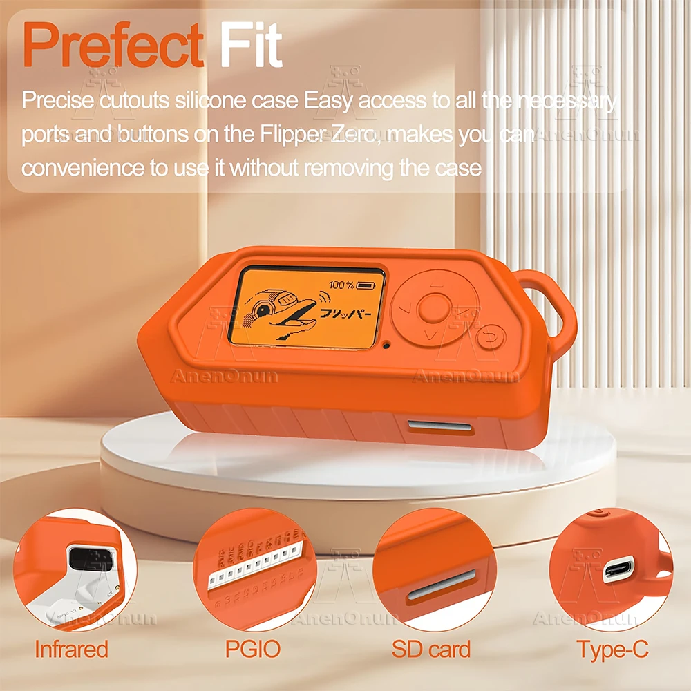 Flipper Zero Full Protective Case with Carabiner Anti-fall Anti-scratch Anti-slip Orange Silicone Soft Shell Cover Accessories