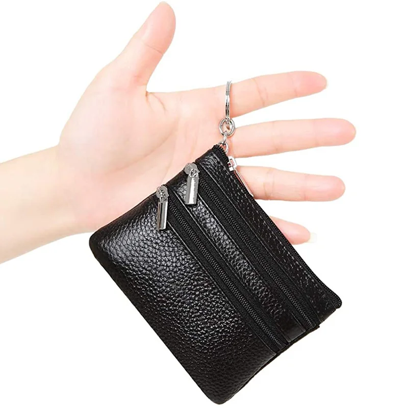 Fashion Women Genuine Leather Coin Purse Small Zipper Card Holder Mini Pouch Change Wallet with Keychain