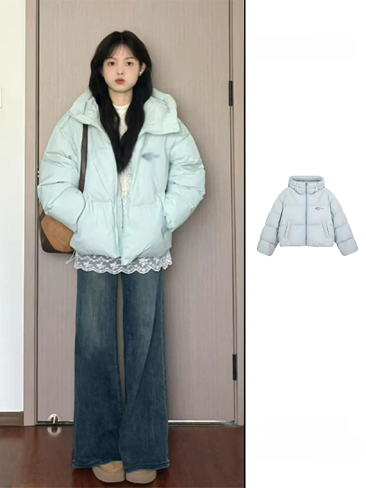 

Blue Hooded Soft Cotton Jaet Women's Winter Faionable Small Size Embroidery Bread Clothes Thiened Straight Tube pe