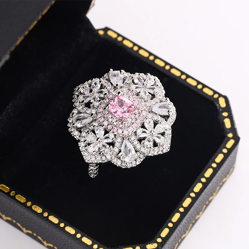 925 Silver Delicate Sweet Full Diamond Zircon Ring Women Fashion Flower Jewelry Party Birthday Wedding Gift