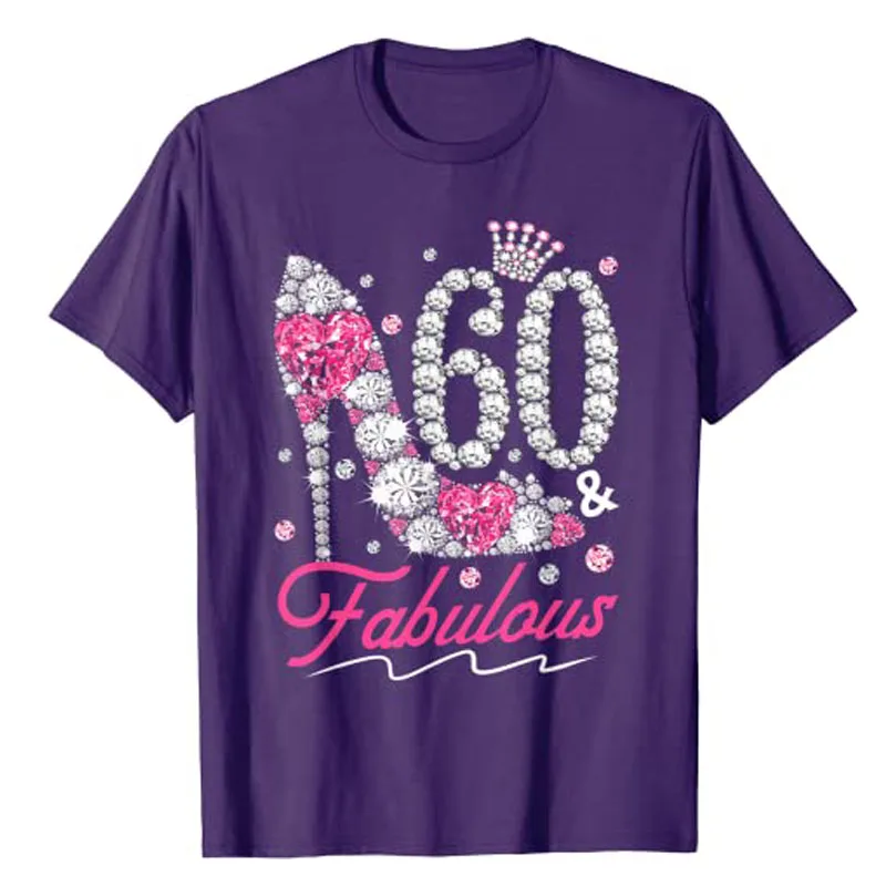 60th Birthday 60 & Fabulous Pink 60 Years Old Diamond Shoes T-Shirt Women\'s Fashion Mama Grandma Nana Queen Tee Tops B-Day Gifts